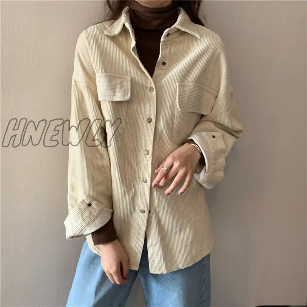 Hnewly Spring New Women Solid Corduroy Shirts Jackets Full Sleeve Turn-Down Collar Oversize Coats