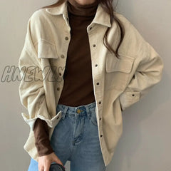 Hnewly Spring New Women Solid Corduroy Shirts Jackets Full Sleeve Turn-Down Collar Oversize Coats