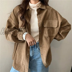 Hnewly Spring New Women Solid Corduroy Shirts Jackets Full Sleeve Turn-Down Collar Oversize Coats