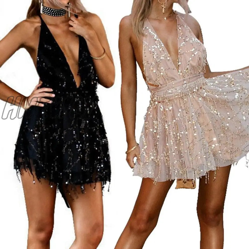 Hnewly Spring Party Dresses Sexy Women Backless Halter Black Gold Mini Dress Tassel Club Wear