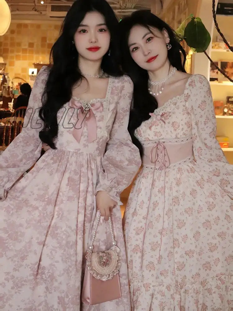 Hnewly Spring Pink Floral Elegant Dress Women Bandage Lace Print Sweet Vintage Puff Sleeve Kawaii
