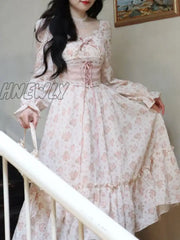 Hnewly Spring Pink Floral Elegant Dress Women Bandage Lace Print Sweet Vintage Puff Sleeve Kawaii