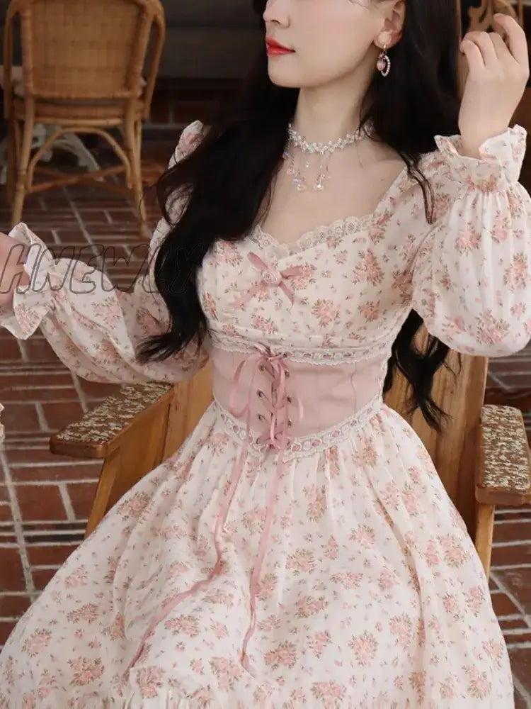 Hnewly Spring Pink Floral Elegant Dress Women Bandage Lace Print Sweet Vintage Puff Sleeve Kawaii