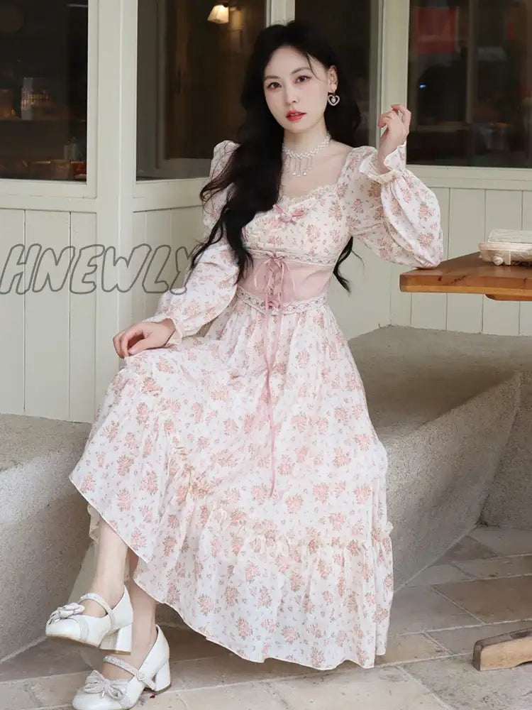 Hnewly Spring Pink Floral Elegant Dress Women Bandage Lace Print Sweet Vintage Puff Sleeve Kawaii