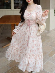 Hnewly Spring Pink Floral Elegant Dress Women Bandage Lace Print Sweet Vintage Puff Sleeve Kawaii