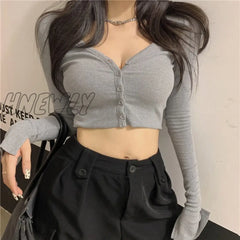 Hnewly Spring Sexy Low-Cut V-Neck Long-Sleeved Knitted Cardigan Women Short Thread T-Shirt Navel