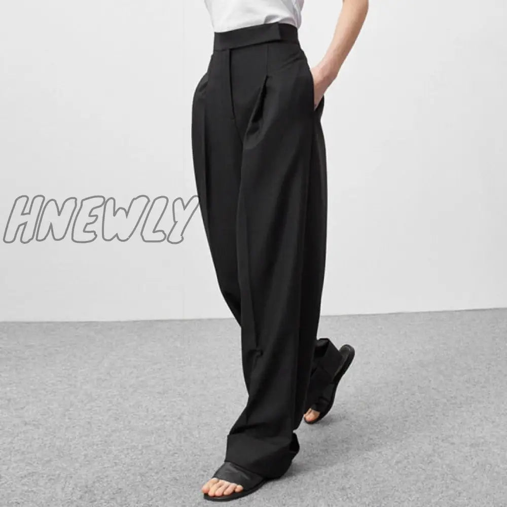 Hnewly Spring Summer Black Ladies Office Trousers Women High Waist Pants Pockets Female Pleated