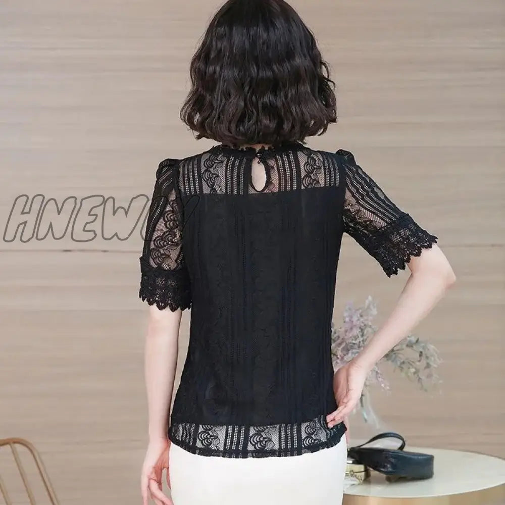 Hnewly Spring Summer Elegant Temperament Shirt Women’s O-Neck Half Sleeve Lace Blouses Female