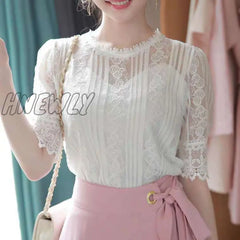 Hnewly Spring Summer Elegant Temperament Shirt Women’s O-Neck Half Sleeve Lace Blouses Female