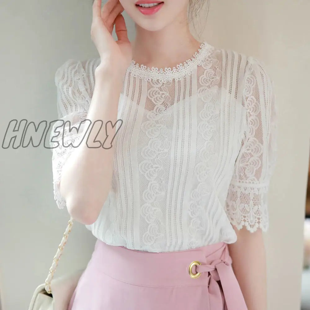 Hnewly Spring Summer Elegant Temperament Shirt Women’s O-Neck Half Sleeve Lace Blouses Female