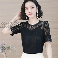 Hnewly Spring Summer Elegant Temperament Shirt Women’s O-Neck Half Sleeve Lace Blouses Female