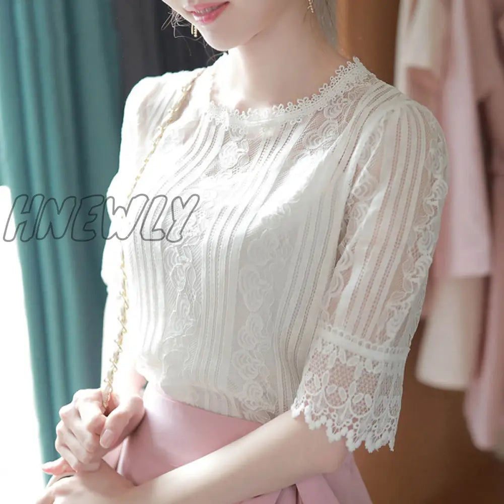 Hnewly Spring Summer Elegant Temperament Shirt Women’s O-Neck Half Sleeve Lace Blouses Female