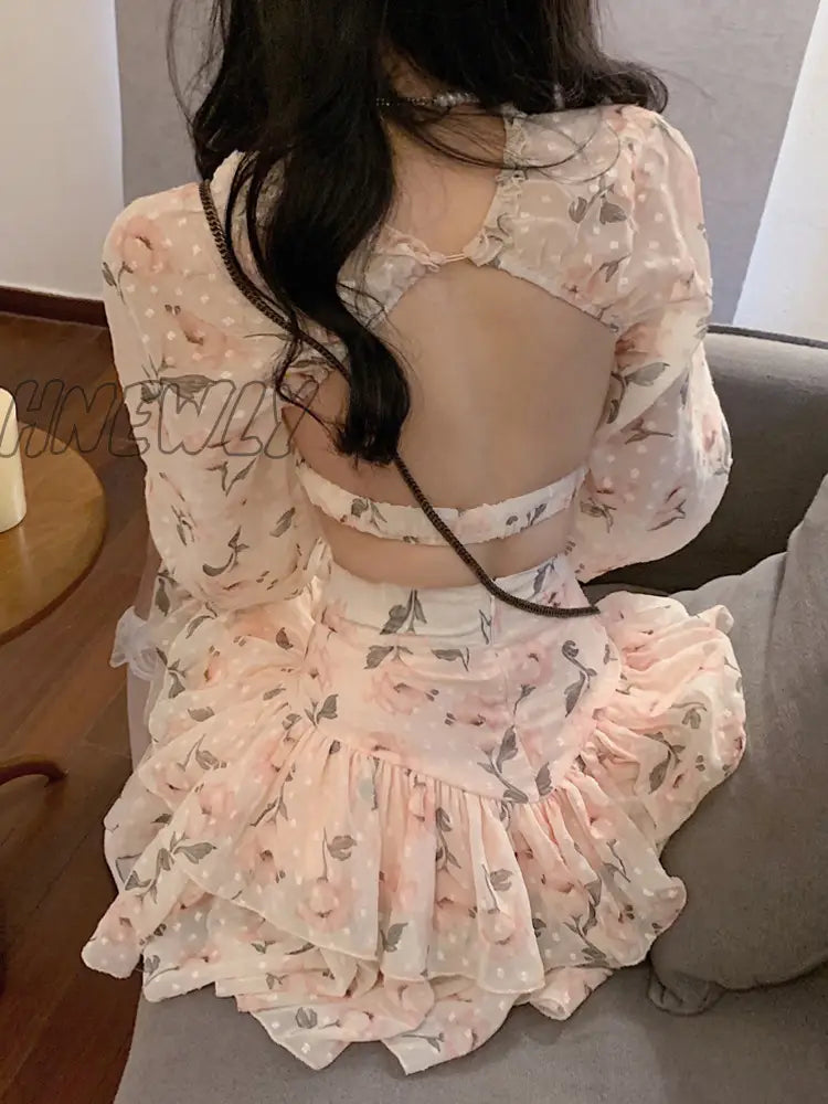 Hnewly Spring Summer Sweet Two Piece Set Sexy Backless Shirt Crop Top + Cake Skirt Suits Floral