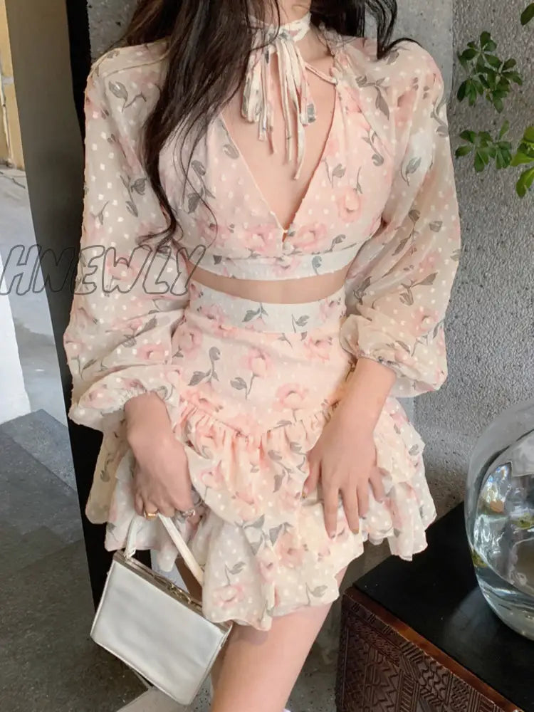 Hnewly Spring Summer Sweet Two Piece Set Sexy Backless Shirt Crop Top + Cake Skirt Suits Floral