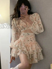 Hnewly Spring Summer Sweet Two Piece Set Sexy Backless Shirt Crop Top + Cake Skirt Suits Floral