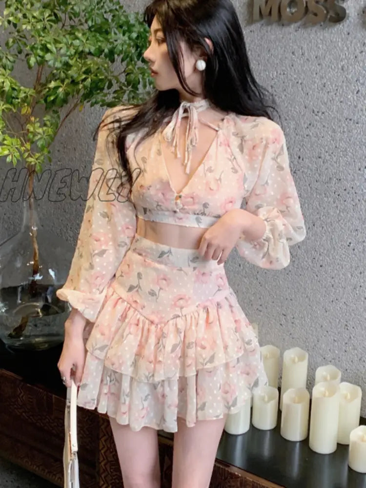 Hnewly Spring Summer Sweet Two Piece Set Sexy Backless Shirt Crop Top + Cake Skirt Suits Floral