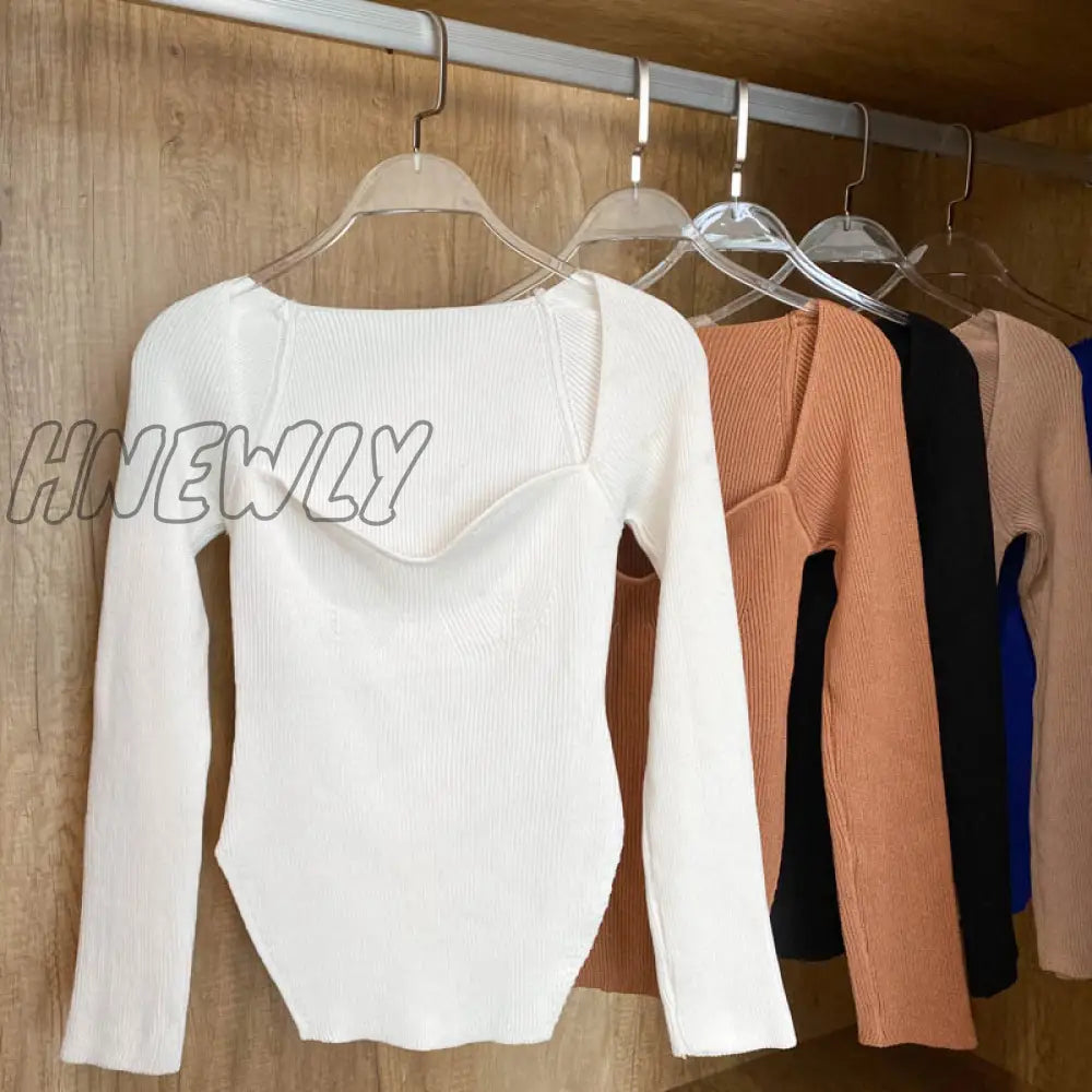 Hnewly Square Collar Long Sleeve Woman Sweaters Knitted Pullover Women Spring Autumn Sweater Winter