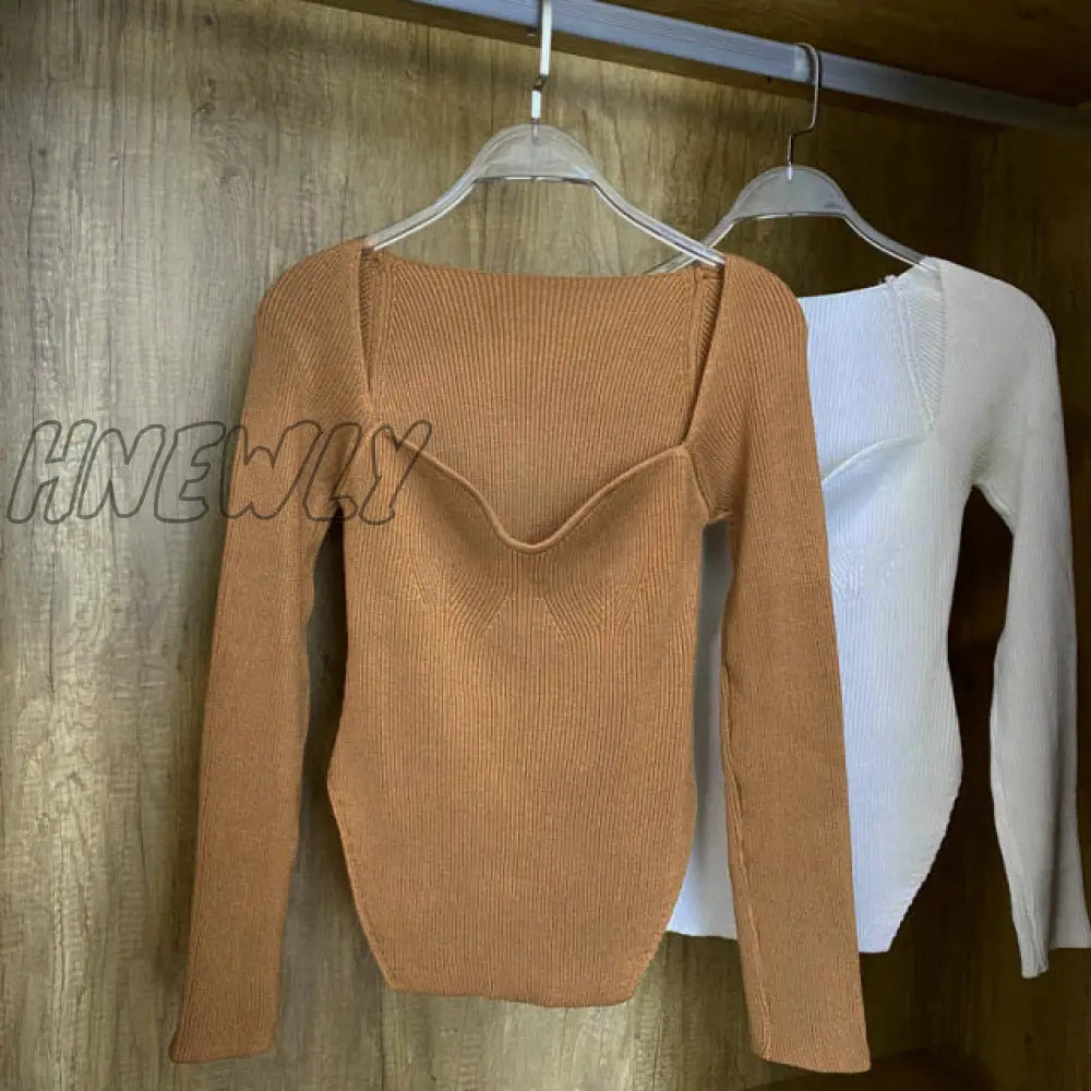 Hnewly Square Collar Long Sleeve Woman Sweaters Knitted Pullover Women Spring Autumn Sweater Winter