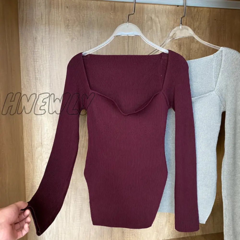 Hnewly Square Collar Long Sleeve Woman Sweaters Knitted Pullover Women Spring Autumn Sweater Winter