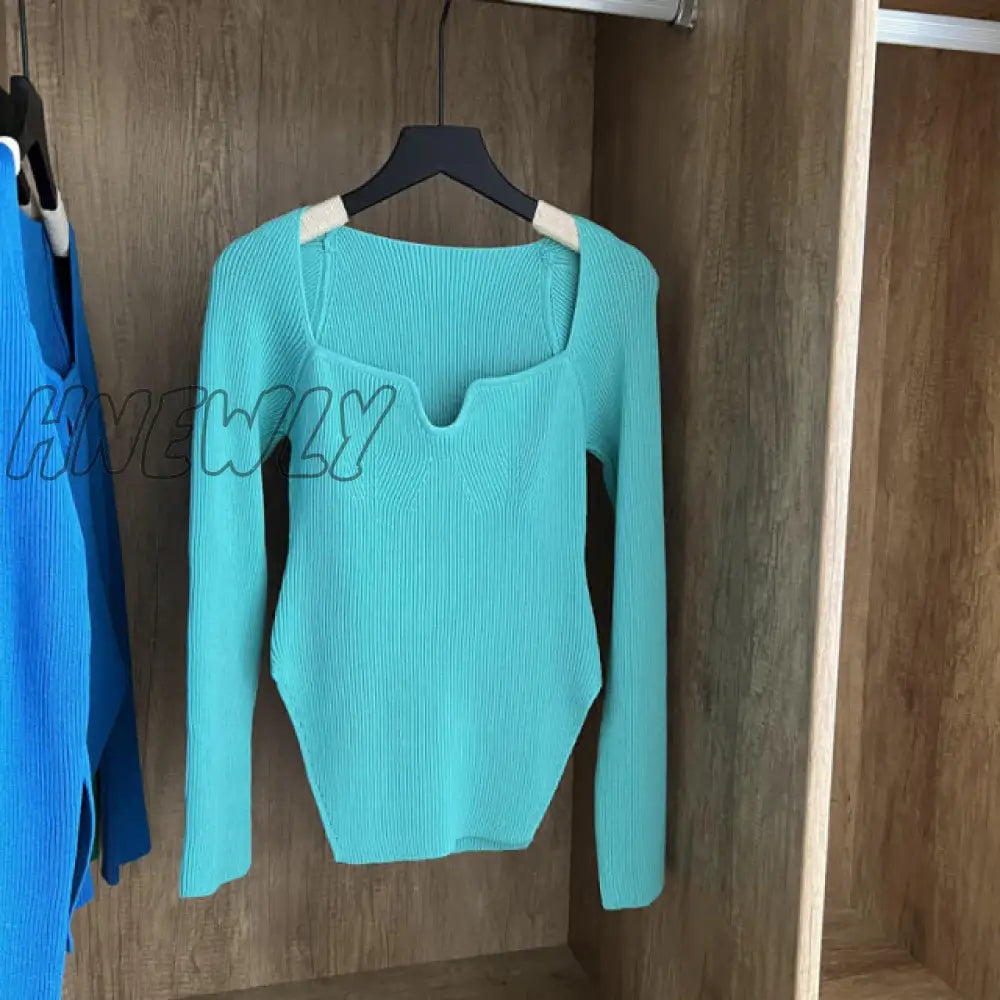 Hnewly Square Collar Long Sleeve Woman Sweaters Knitted Pullover Women Spring Autumn Sweater Winter