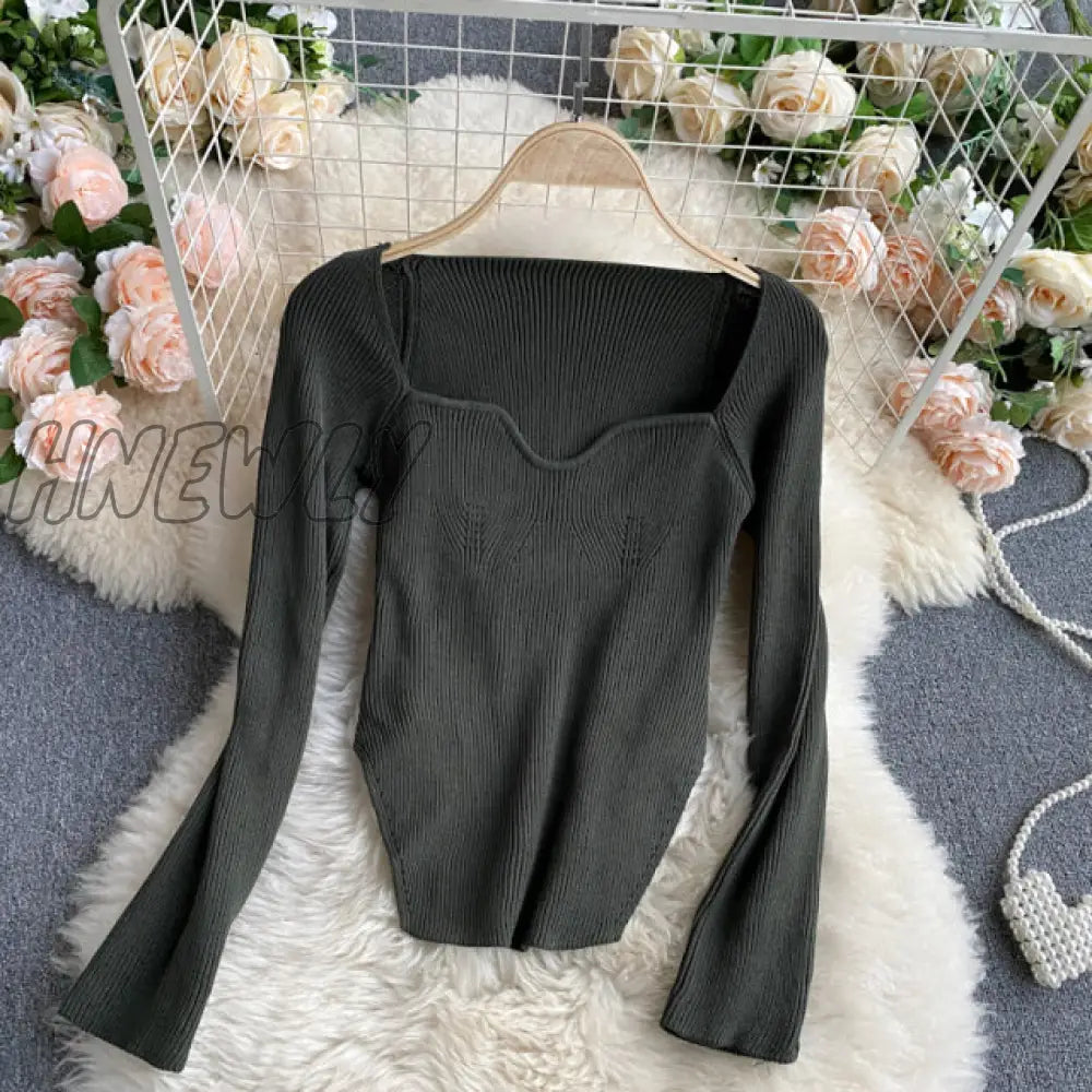 Hnewly Square Collar Long Sleeve Woman Sweaters Knitted Pullover Women Spring Autumn Sweater Winter