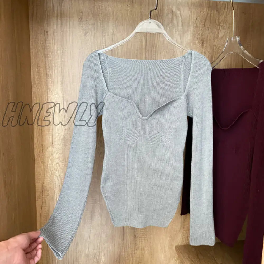 Hnewly Square Collar Long Sleeve Woman Sweaters Knitted Pullover Women Spring Autumn Sweater Winter