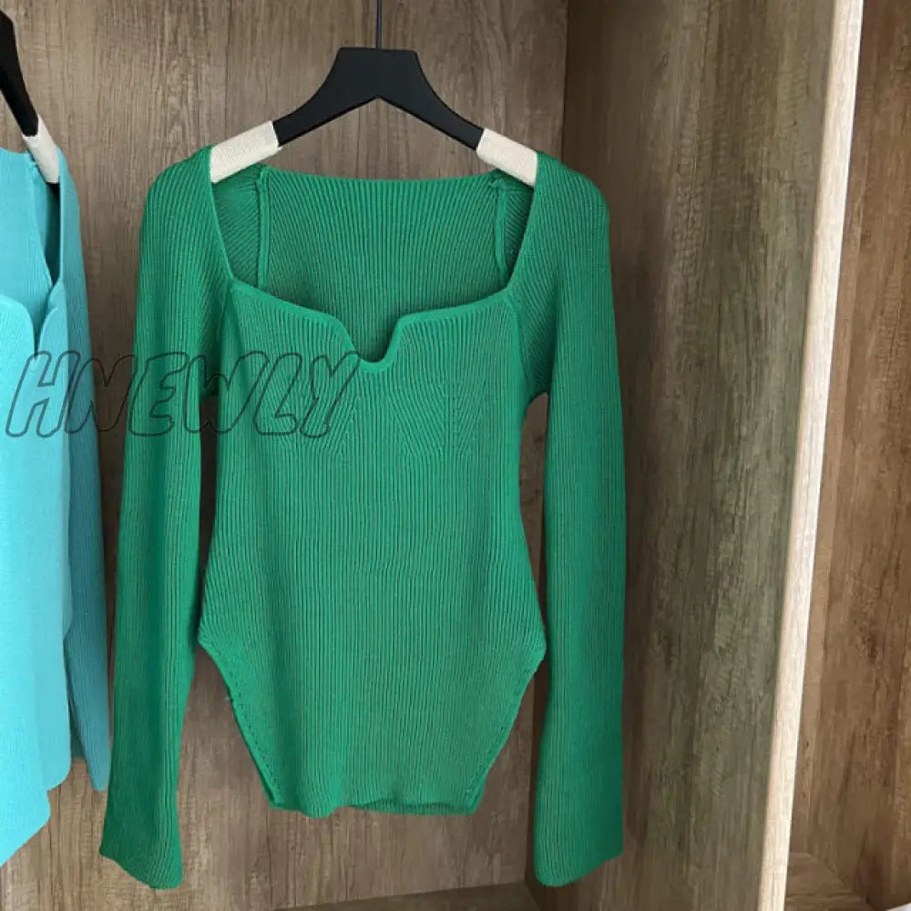 Hnewly Square Collar Long Sleeve Woman Sweaters Knitted Pullover Women Spring Autumn Sweater Winter