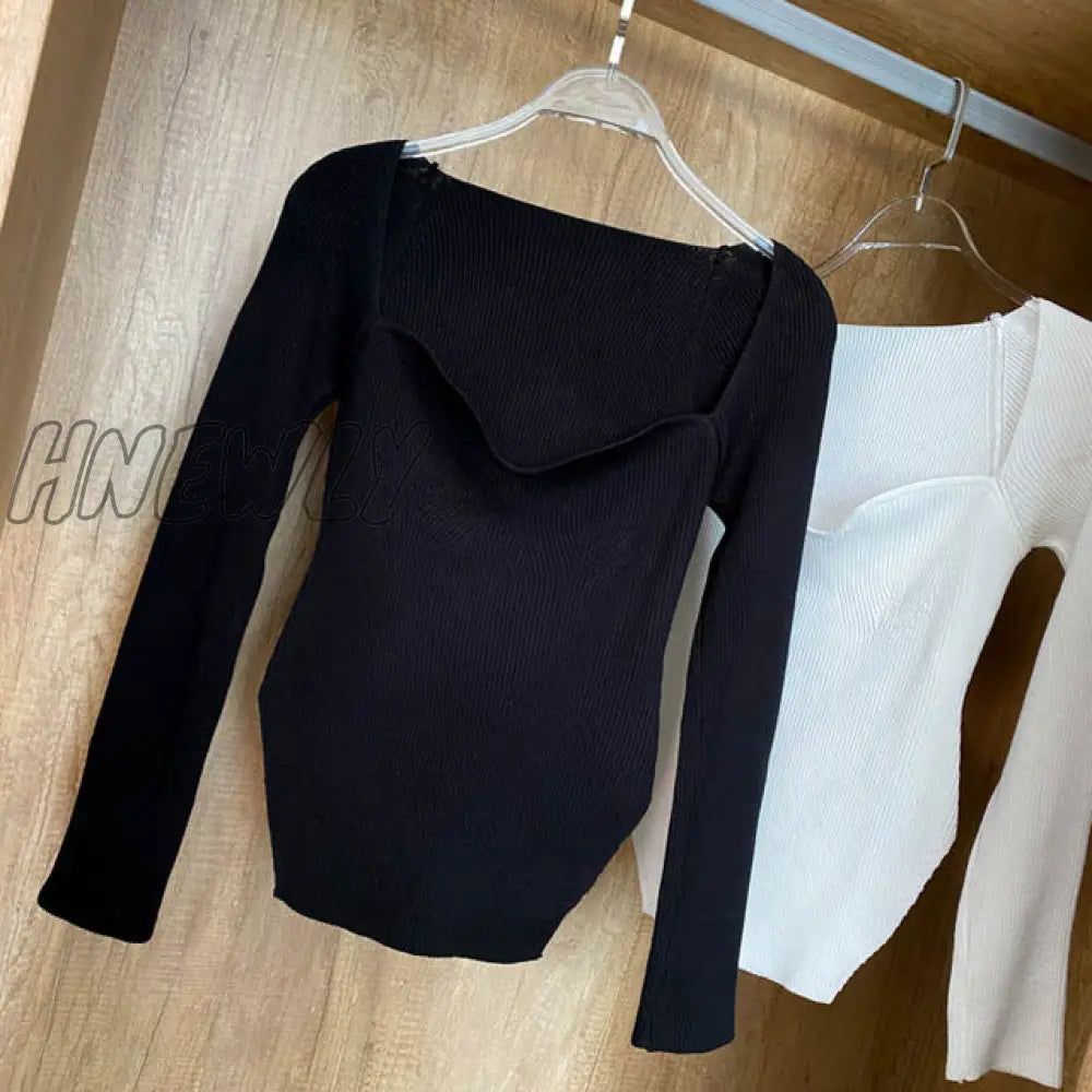 Hnewly Square Collar Long Sleeve Woman Sweaters Knitted Pullover Women Spring Autumn Sweater Winter