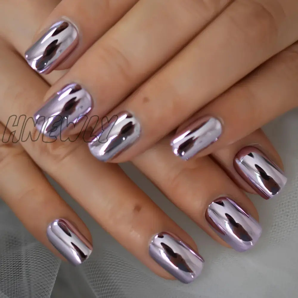 Hnewly Square Electroplating Chrome Medium Size Press On Nails Full Cover Nail Tips Fingernails Art