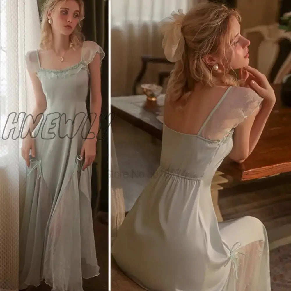 Hnewly Square Neck Sleepdress Women Long Satin Nightgown Lace Patchwork Nightdress With Bowknot