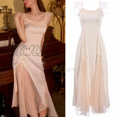 Hnewly Square Neck Sleepdress Women Long Satin Nightgown Lace Patchwork Nightdress With Bowknot