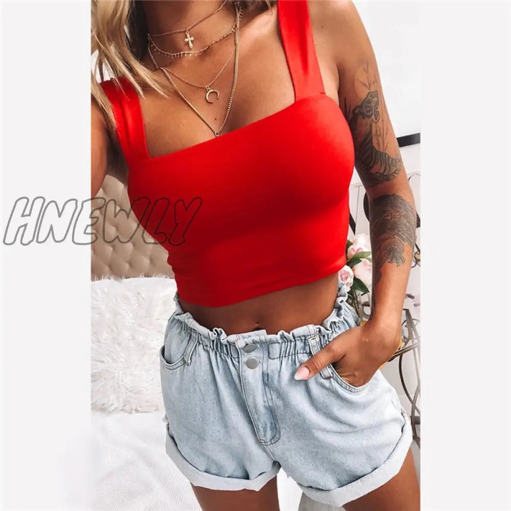 Hnewly Square Neck Sleeveless Summer Crop Top White Women Black Casual Basic T Shirt Off Shoulder