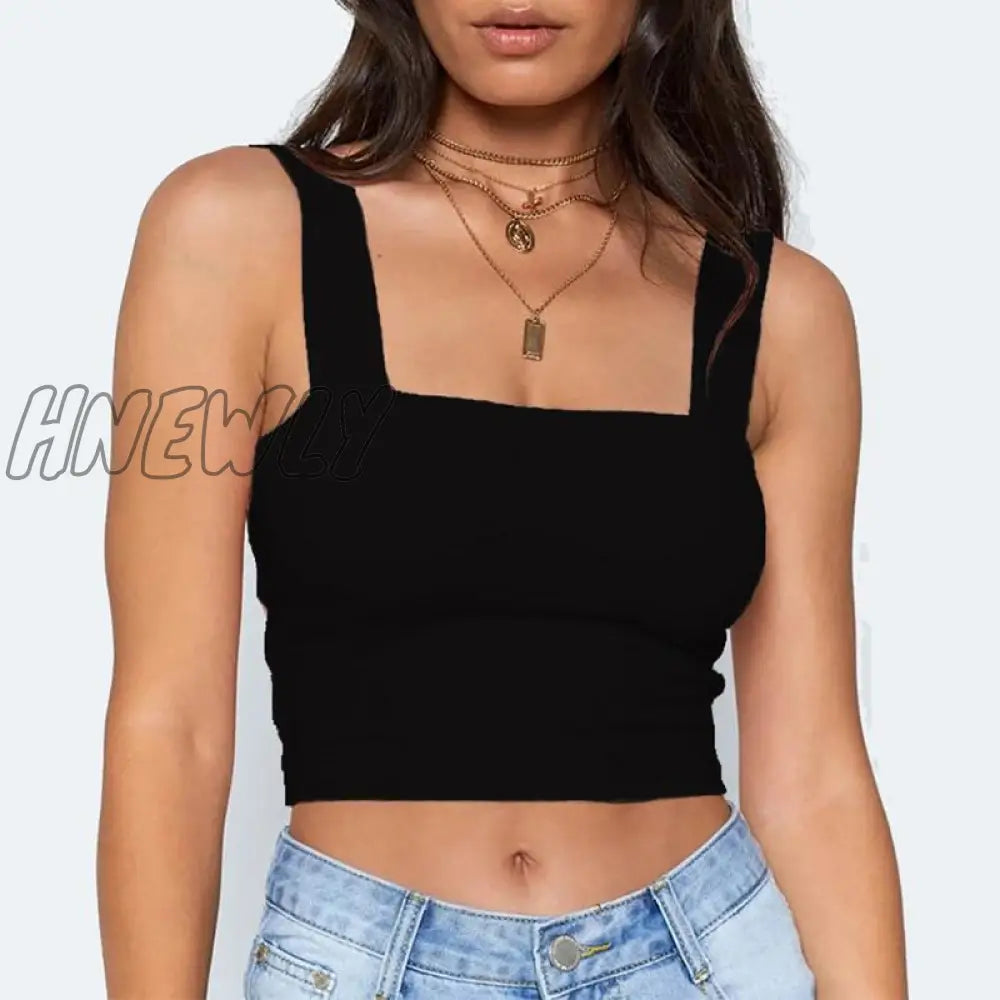 Hnewly Square Neck Sleeveless Summer Crop Top White Women Black Casual Basic T Shirt Off Shoulder