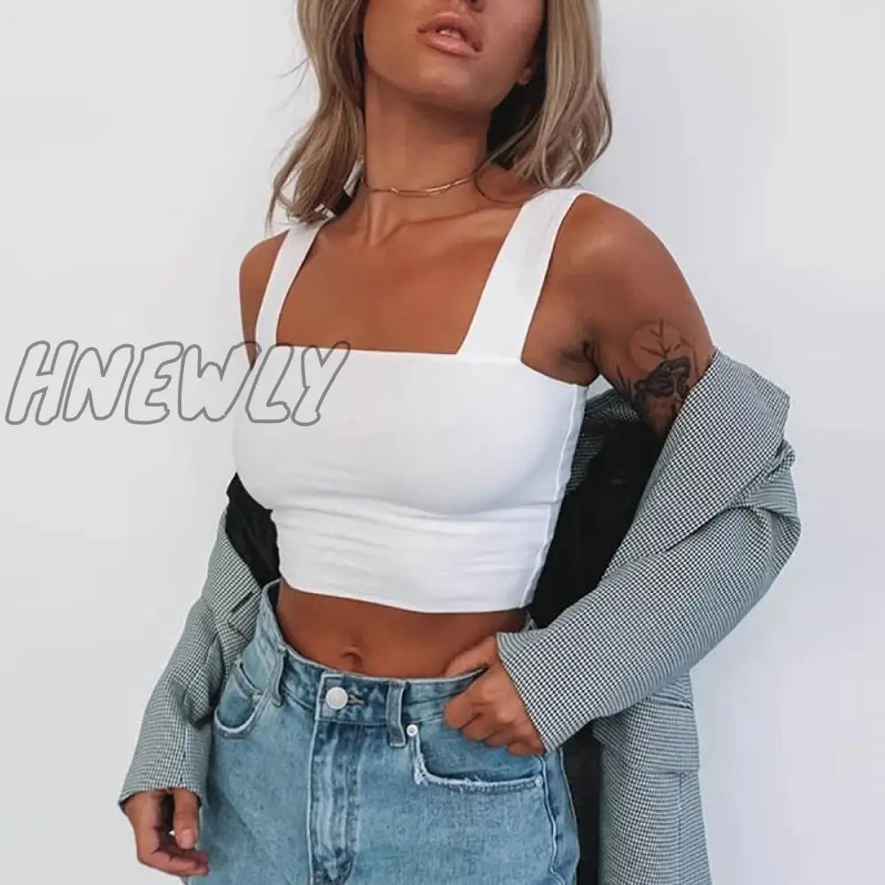 Hnewly Square Neck Sleeveless Summer Crop Top White Women Black Casual Basic T Shirt Off Shoulder