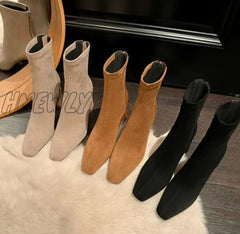 Hnewly Square Toe Thick Heel Women’s Korean Fashion Short-Tube High-Heeled Suede Socks Boots