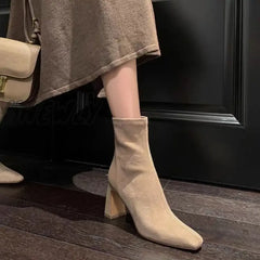 Hnewly Square Toe Thick Heel Women’s Korean Fashion Short-Tube High-Heeled Suede Socks Boots