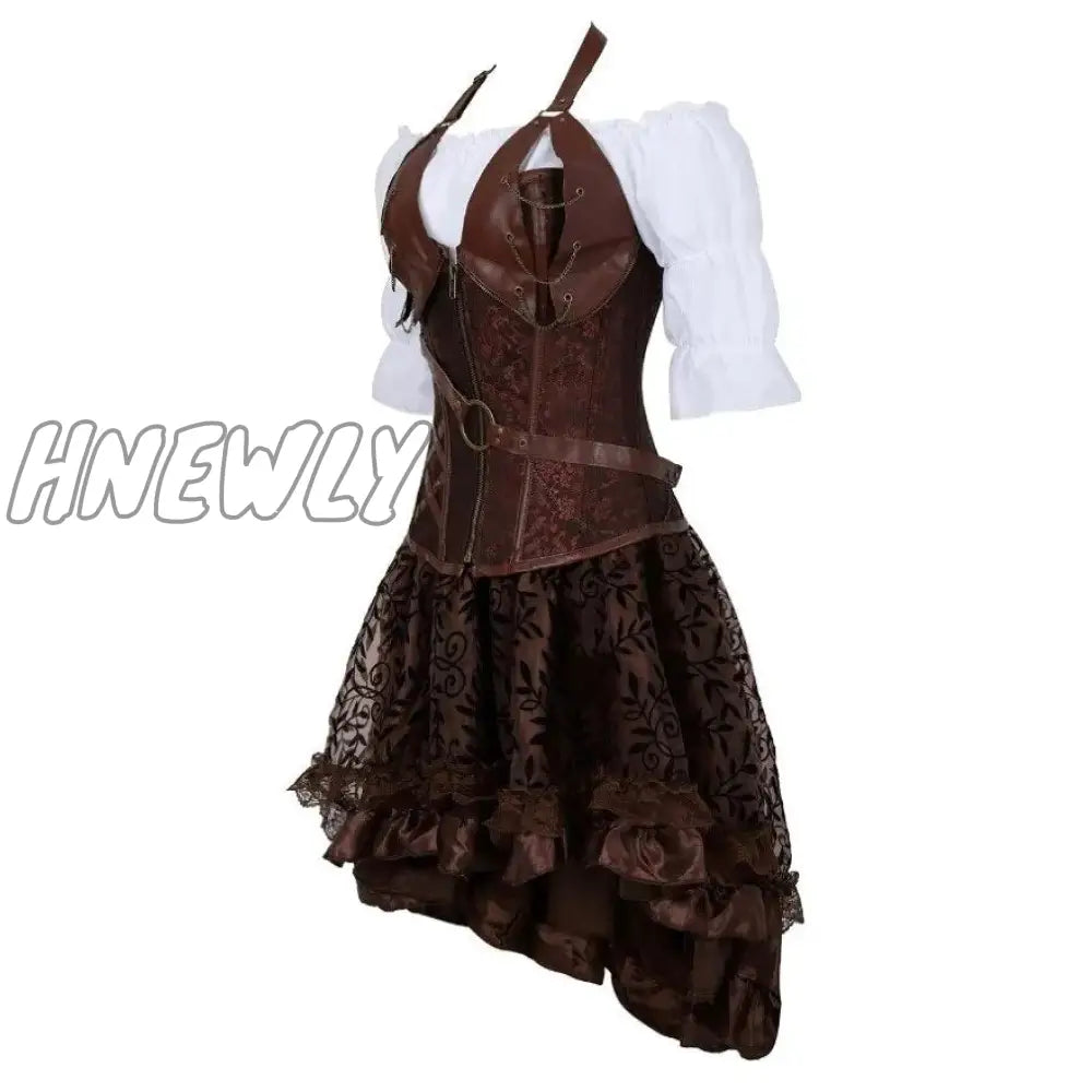 Hnewly Steampunk Corset Dress Gothic Pu Leather Crop Top Renaissance Blouse With Burlesque Skirt