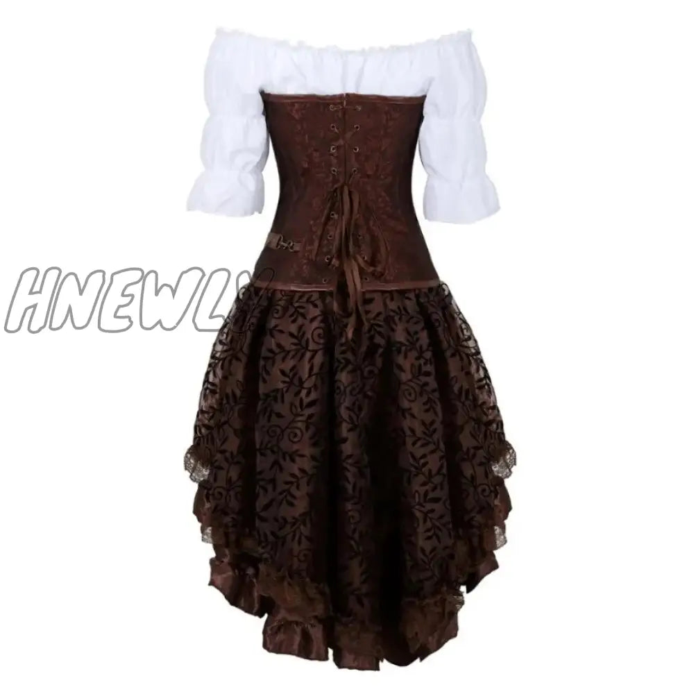 Hnewly Steampunk Corset Dress Gothic Pu Leather Crop Top Renaissance Blouse With Burlesque Skirt