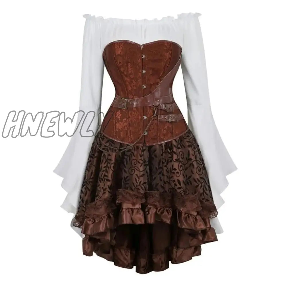 Hnewly Steampunk Corset Dress Gothic Pu Leather Crop Top Renaissance Blouse With Burlesque Skirt