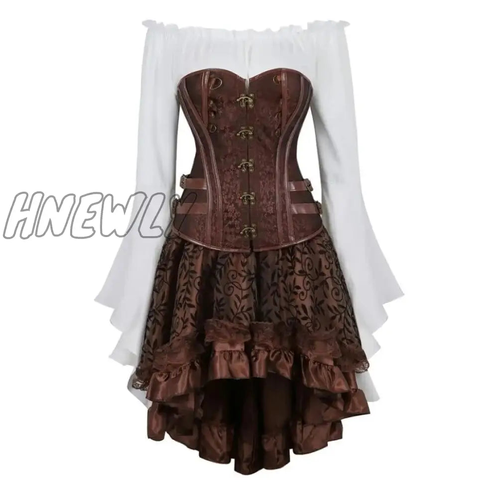 Hnewly Steampunk Corset Dress Gothic Pu Leather Crop Top Renaissance Blouse With Burlesque Skirt