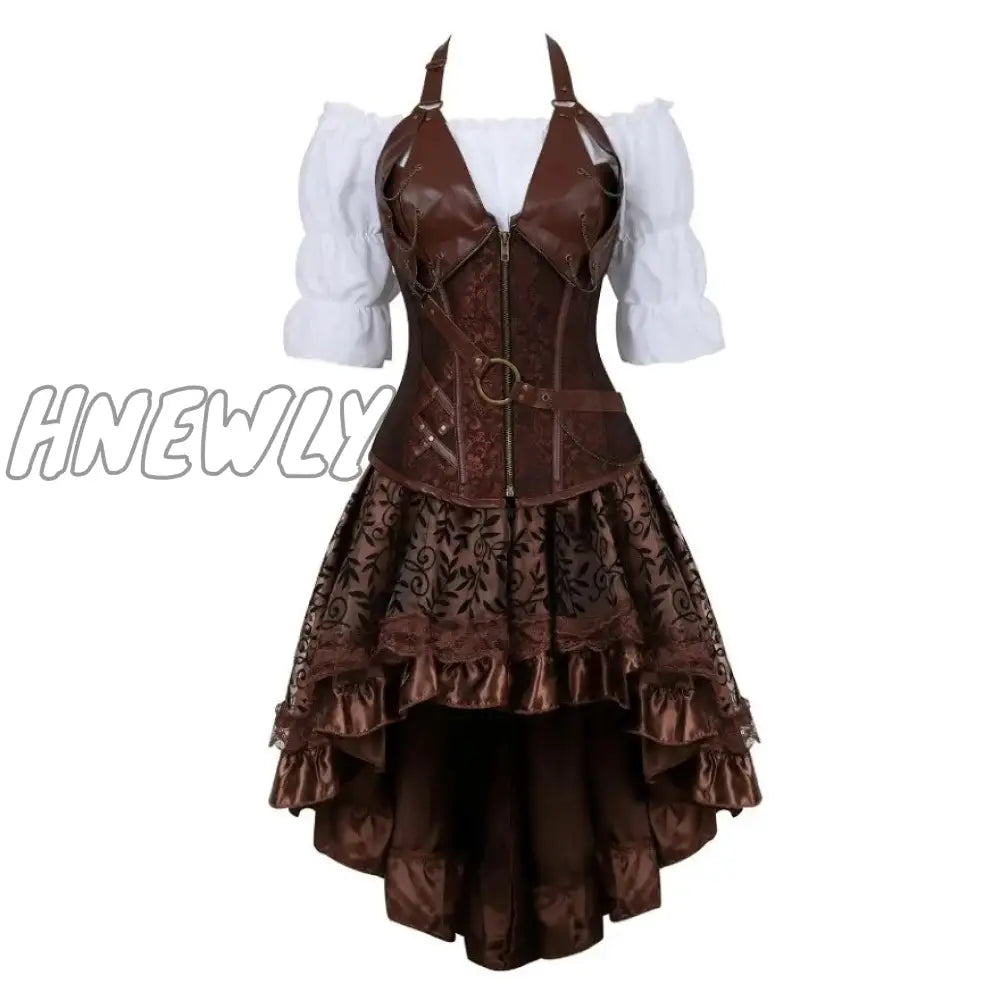 Hnewly Steampunk Corset Dress Gothic Pu Leather Crop Top Renaissance Blouse With Burlesque Skirt