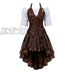 Hnewly Steampunk Corset Dress Gothic Pu Leather Crop Top Renaissance Blouse With Burlesque Skirt