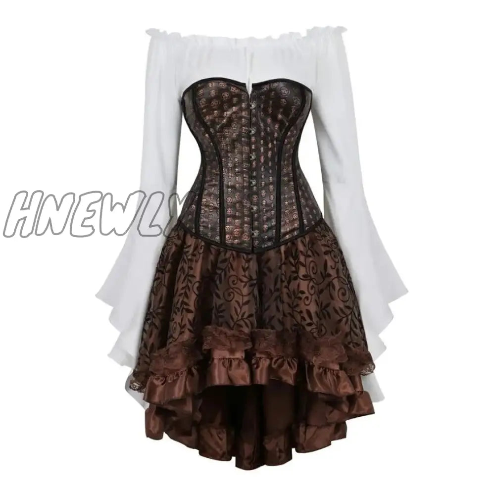 Hnewly Steampunk Corset Dress Gothic Pu Leather Crop Top Renaissance Blouse With Burlesque Skirt