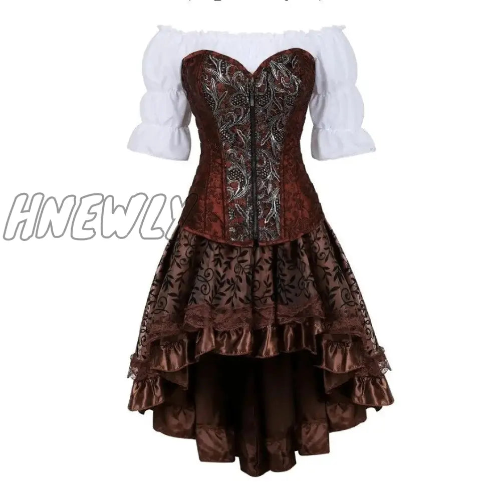 Hnewly Steampunk Corset Dress Gothic Pu Leather Crop Top Renaissance Blouse With Burlesque Skirt