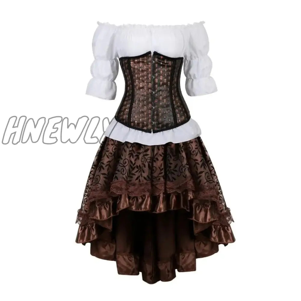 Hnewly Steampunk Corset Dress Gothic Pu Leather Crop Top Renaissance Blouse With Burlesque Skirt