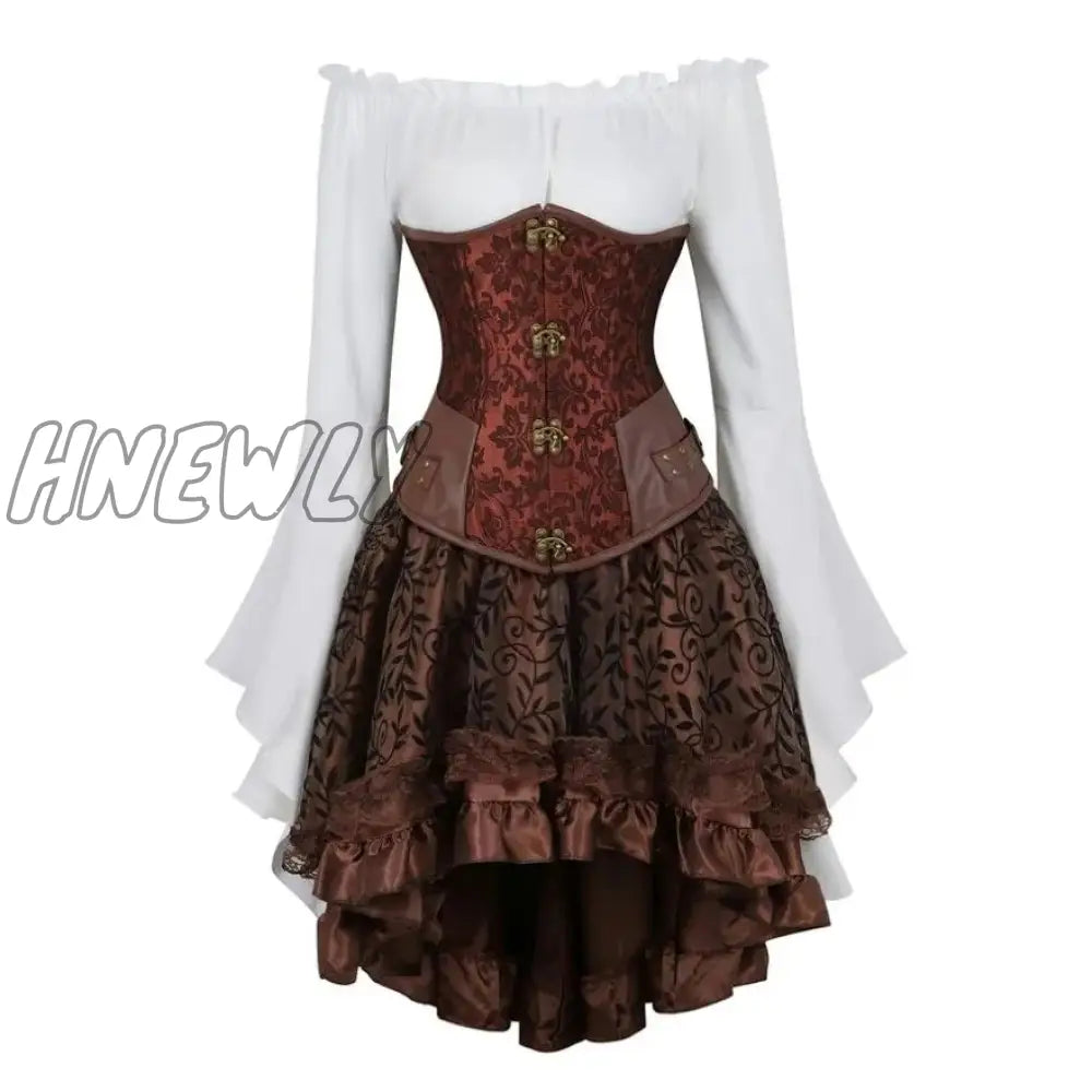 Hnewly Steampunk Corset Dress Gothic Pu Leather Crop Top Renaissance Blouse With Burlesque Skirt