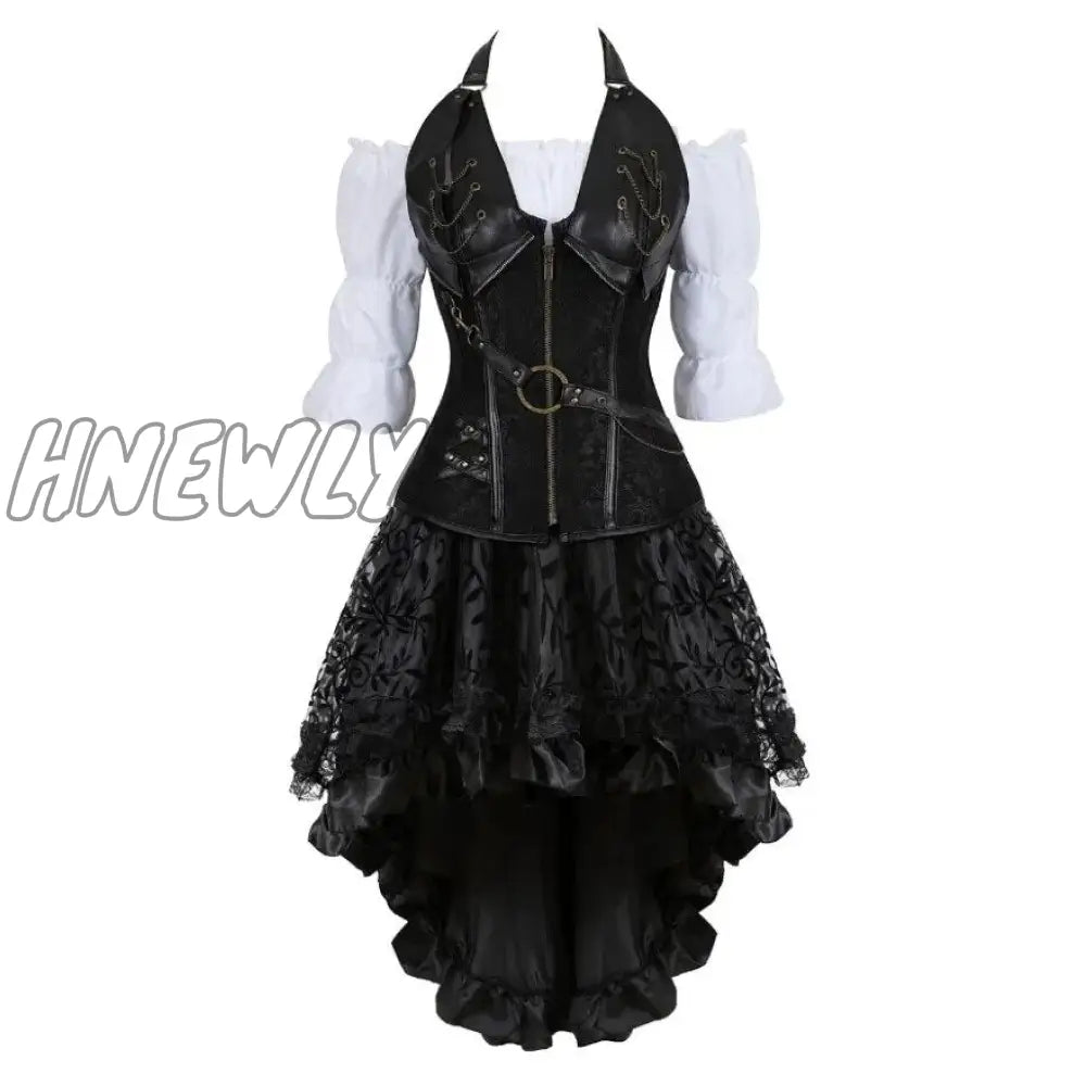 Hnewly Steampunk Corset Dress Gothic Pu Leather Crop Top Renaissance Blouse With Burlesque Skirt