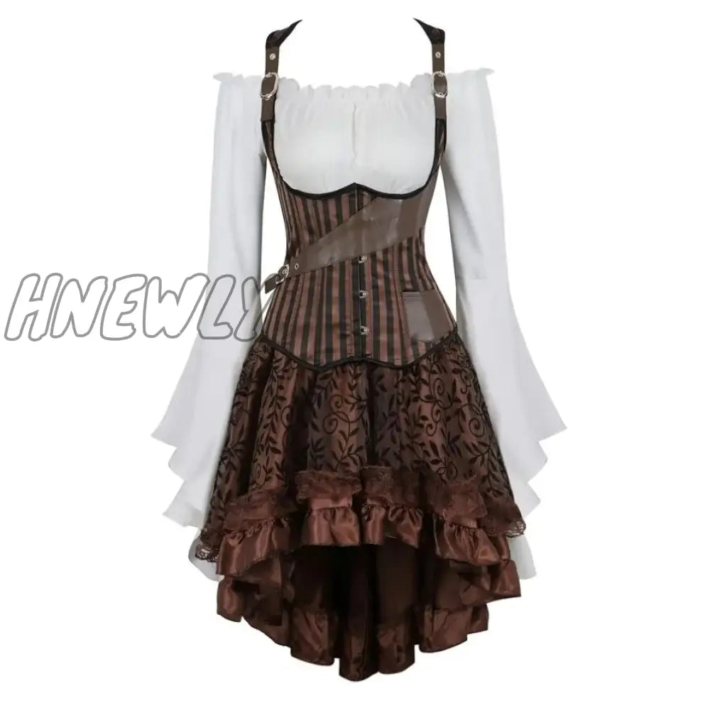 Hnewly Steampunk Corset Dress Gothic Pu Leather Crop Top Renaissance Blouse With Burlesque Skirt