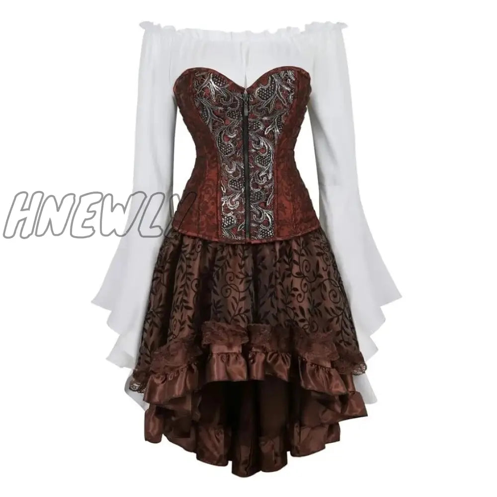 Hnewly Steampunk Corset Dress Gothic Pu Leather Crop Top Renaissance Blouse With Burlesque Skirt