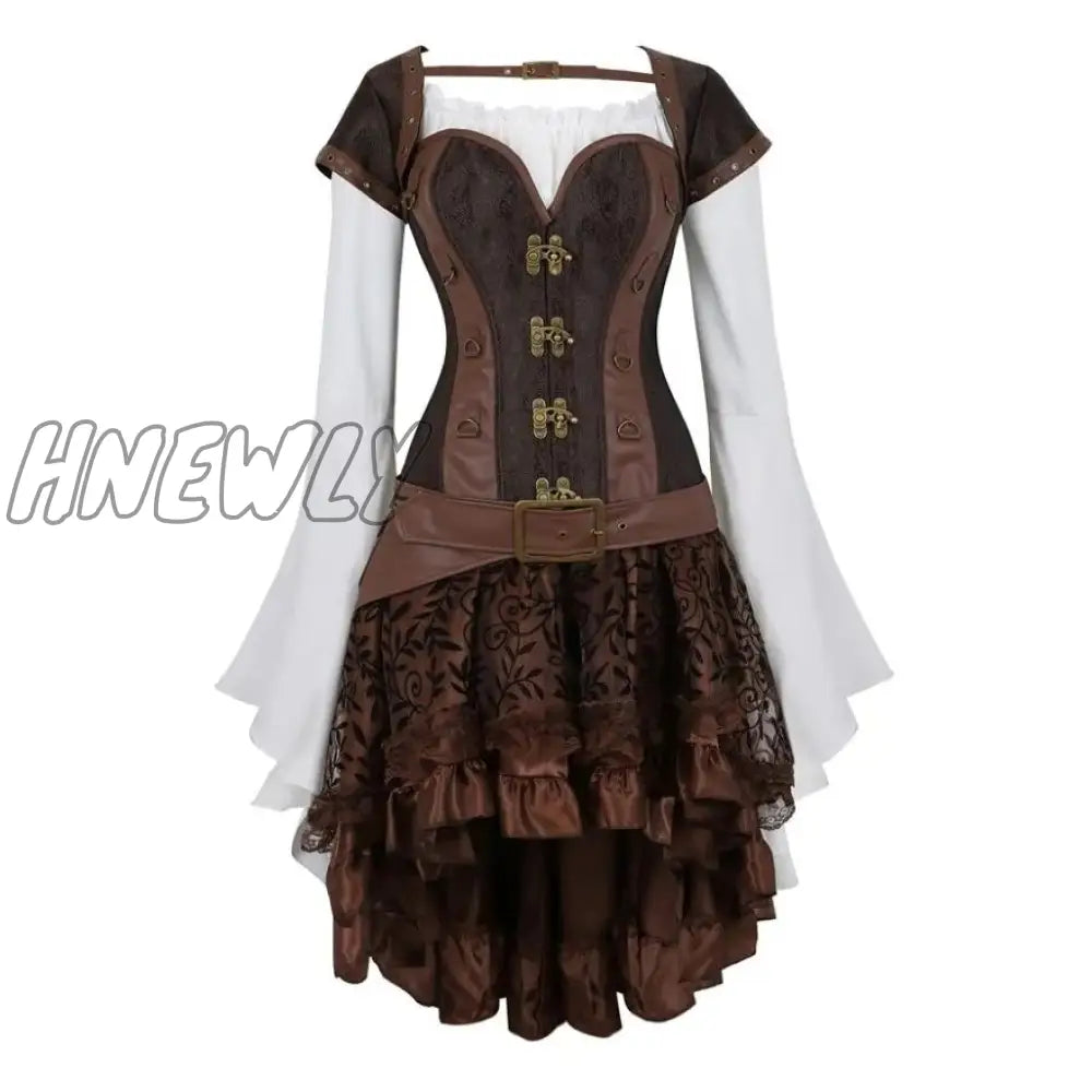 Hnewly Steampunk Corset Dress Gothic Pu Leather Crop Top Renaissance Blouse With Burlesque Skirt